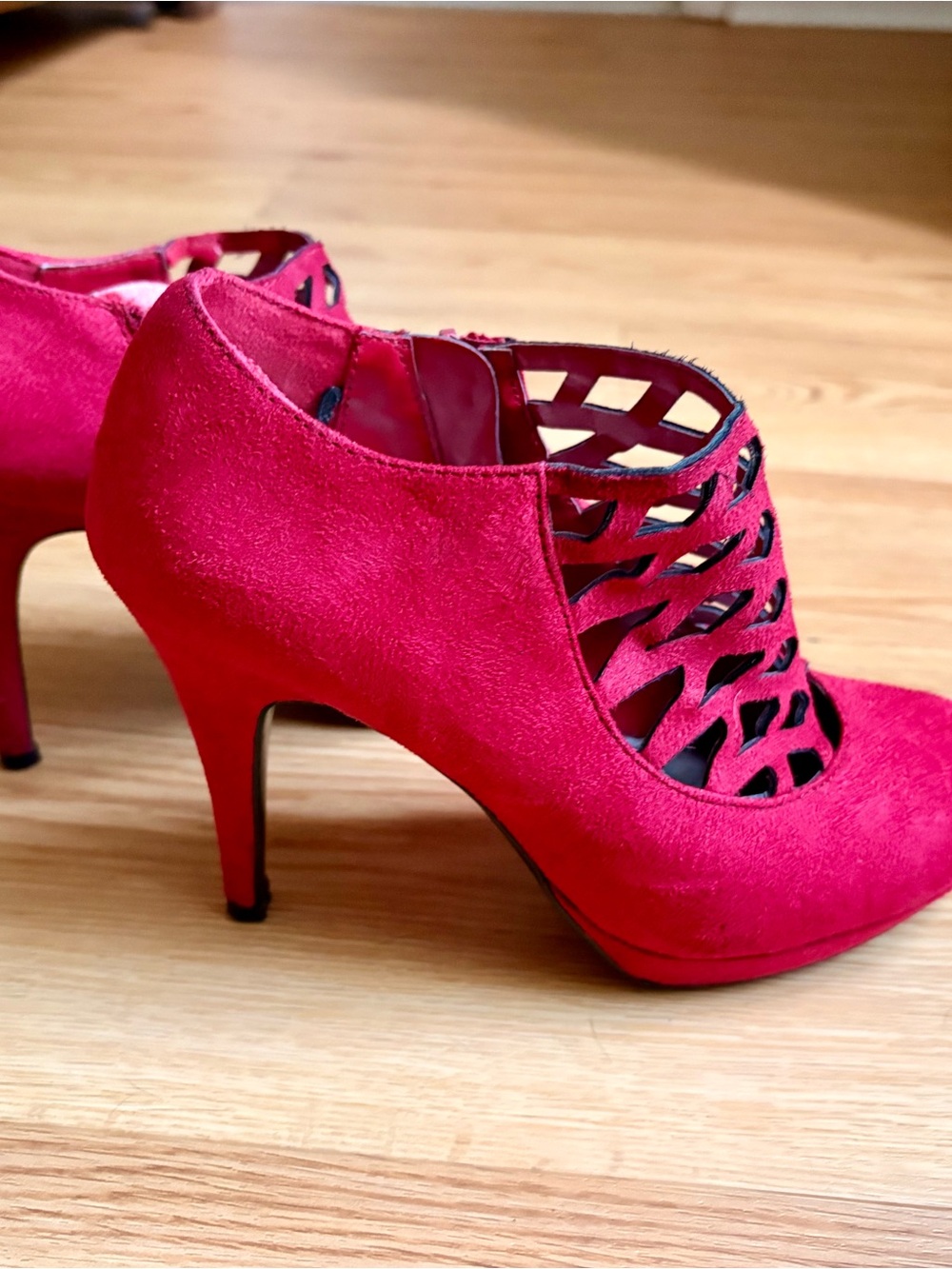 Women's Red Suede Cutout High Heel Booties